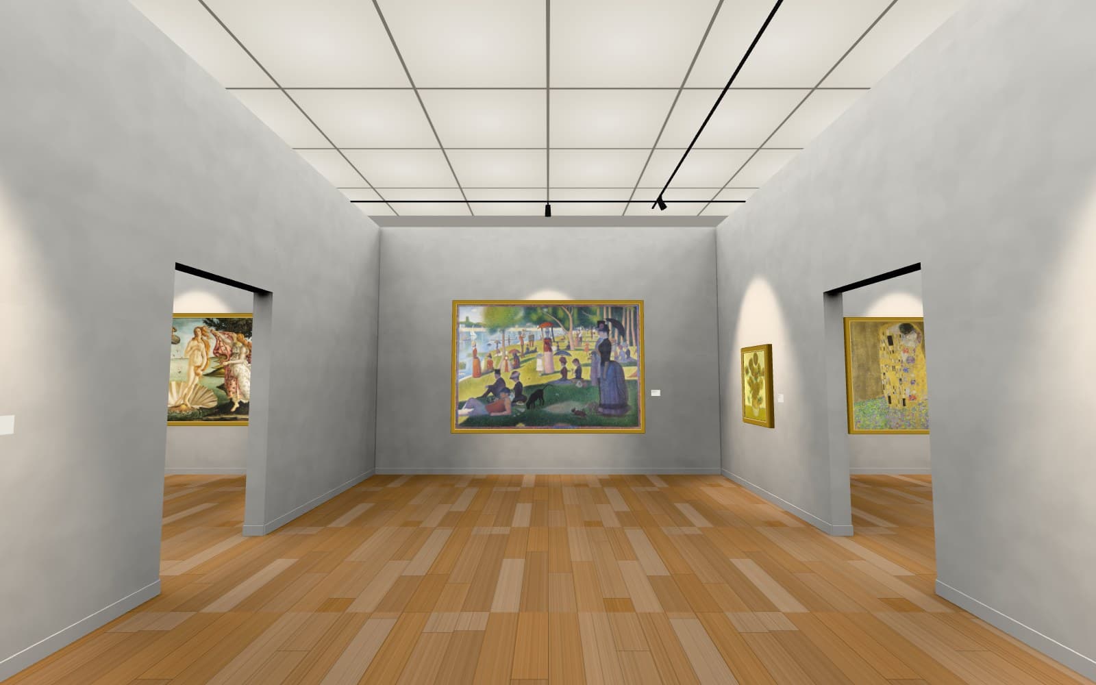 示範展覽「名畫漫步」的展場畫面：天窗、軌道投射燈與牆上的名畫